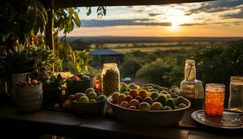 ai gegenereerd vers biologisch fruit Aan rustiek houten tafel Bij zonsondergang gegenereerd door ai foto