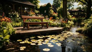 ai gegenereerd rustig tafereel bloem bloesems in formeel tuin, reflecterend Aan vijver gegenereerd door ai foto