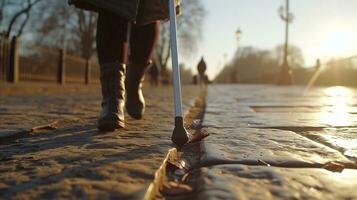 ai gegenereerd een vrouw is wandelen met een riet naar beneden beton pad foto