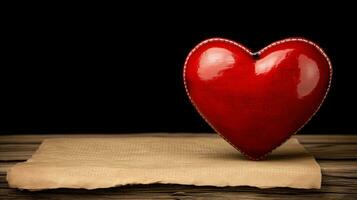 ai gegenereerd een rood hart Aan papier, geplaatst Aan een houten tafel. foto
