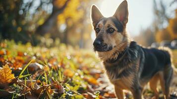 ai gegenereerd een hond dat is staand in de vallen bladeren. generatief ai foto