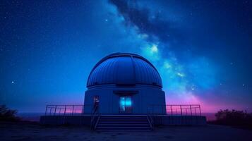 ai gegenereerd sterrenkundig observatorium onder sterrenhemel nacht lucht met melkachtig manier foto