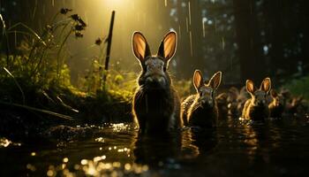 ai gegenereerd schattig konijn zit Aan gras in de buurt nat vijver Bij schemer gegenereerd door ai foto