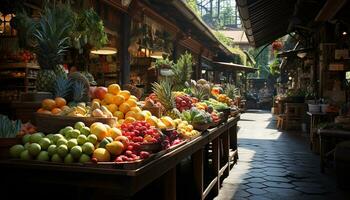 ai gegenereerd versheid en verscheidenheid Bij de biologisch fruit en groente op te slaan gegenereerd door ai foto