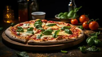 ai gegenereerd vers gebakken margherita pizza met tomaat, vlees, Mozzarella Aan houten tafel, middenhoek schot foto