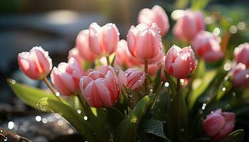 ai gegenereerd versheid van natuur in een levendig boeket van multi gekleurde tulpen gegenereerd door ai foto