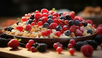 ai gegenereerd gezond aan het eten vers fruit kom Aan rustiek houten tafel gegenereerd door ai foto