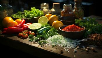 ai gegenereerd versheid van groente, tomaat, gezond aan het eten Aan houten tafel gegenereerd door ai foto