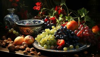 ai gegenereerd vers fruit kom Aan houten tafel, natuur gezond decoratie gegenereerd door ai foto