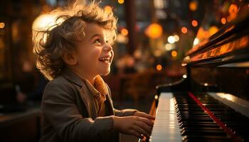 ai gegenereerd glimlachen pianist spelen, brengen geluk door muziek, kinderjaren vreugde gegenereerd door ai foto