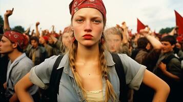 ai gegenereerd een vrouw vervelend een rood bandana staat voordat een menigte, vastleggen aandacht en uitstralend vertrouwen. generatief ai foto