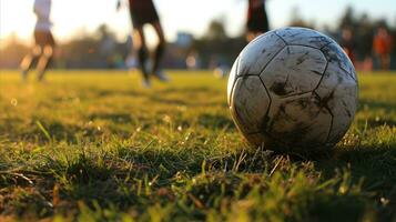 ai gegenereerd een voetbal bal resting Aan de groen gras, klaar voor een spel. generatief ai foto