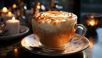 ai gegenereerd een heet cappuccino Aan een houten tafel, schuimig en heerlijk gegenereerd door ai foto