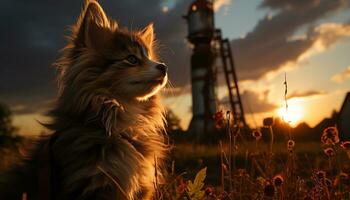 ai gegenereerd schattig puppy zittend in weide, genieten van natuur schoonheid gegenereerd door ai foto