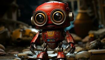 ai gegenereerd futuristische robot arm, een speelgoed- soldaat staand in een fabriek gegenereerd door ai foto