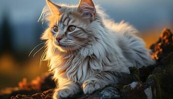 ai gegenereerd schattig katje zittend in gras, staren Bij zonsondergang schoonheid gegenereerd door ai foto