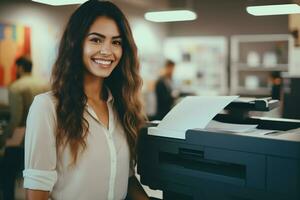 ai gegenereerd kantoor arbeider prints papier Aan multifunctioneel laser printer. document en papierwerk concept. secretaris werk. glimlachen vrouw werken in bedrijf kantoor. kopiëren, afdrukken, scannen, en fax machine. foto