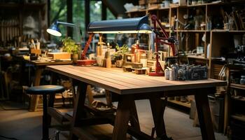 ai gegenereerd modern timmerman werkplaats met hout materialen en gereedschap Aan schappen gegenereerd door ai foto