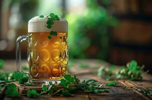 ai gegenereerd een vrolijk st Patrick dag bier Bij een houten tafel foto