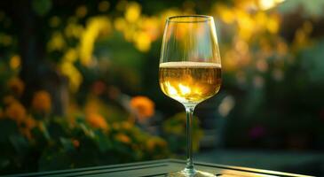 ai gegenereerd een glas van wit wijn is houdende Aan een tafel buitenshuis foto