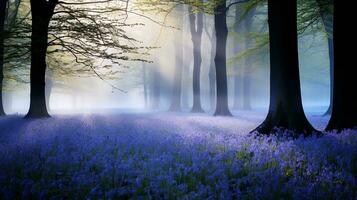 ai gegenereerd nevelig klokje hout Bij dageraad - ai gegenereerd foto