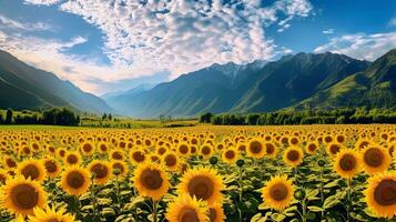 ai gegenereerd zonnebloem veld- tegen berg backdrop - ai gegenereerd foto