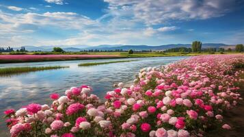 ai gegenereerd oever van het meer roos veld- elegantie - ai gegenereerd foto