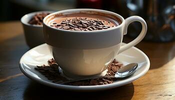 ai gegenereerd versheid in een kop heet koffie, schuimig melk, donker chocola gegenereerd door ai foto