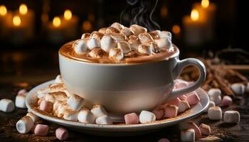 ai gegenereerd heet chocola met marshmallows Aan een rustiek houten tafel gegenereerd door ai foto