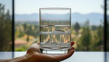 ai gegenereerd hand- Holding glas van transparant water, verfrissend en gezond gegenereerd door ai foto