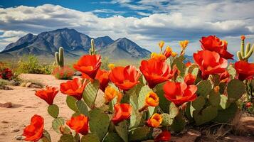 ai gegenereerd woestijn bloeien oase met cactussen - ai gegenereerd foto