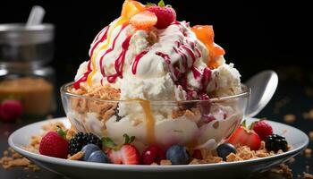 ai gegenereerd vers fruit parfait met yoghurt, bessen, en geslagen room gegenereerd door ai foto