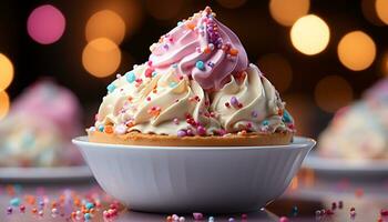 ai gegenereerd eigengemaakt cupcakes, versierd met kleurrijk suikerglazuur en snoep gegenereerd door ai foto