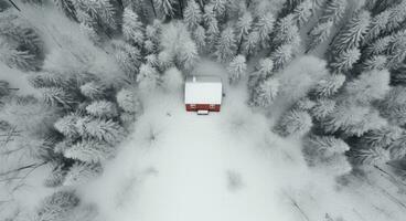ai gegenereerd antenne schot van een klein huis in een winter Woud met sneeuw foto