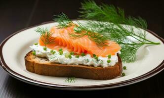 ai gegenereerd gerookt Zalm en room kaas Aan geroosterd brood met dille foto