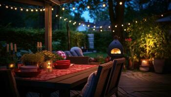 ai gegenereerd buiten dining Bij een zomer festival met mooi lichten foto