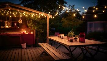 ai gegenereerd buiten dining Bij een zomer festival met mooi lichten foto