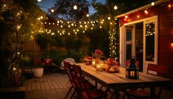 ai gegenereerd buiten dining Bij een zomer festival met mooi lichten foto