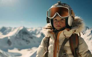 ai gegenereerd kind is staand in ski uitrusting met stofbril Aan een berg foto
