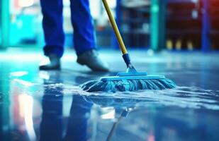 ai gegenereerd dweilen verdieping met blauw kleding foto