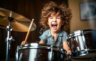 ai gegenereerd klein kind spelen drums binnen- foto