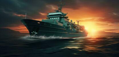 ai gegenereerd marine schip in de oceaan Aan een zonsondergang foto
