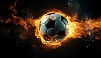 ai gegenereerd voetbal bal in vlammen Aan donker achtergrond foto