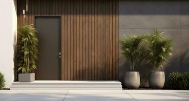 ai gegenereerd houten planter Bij voorkant deur in modern woon- huis foto