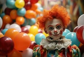ai gegenereerd jong clown in de clown kleding poses met ballonnen foto