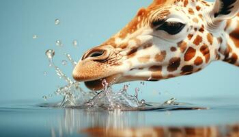ai gegenereerd een schattig giraffe aan het eten, spatten water, op zoek Bij camera gegenereerd door ai foto
