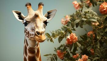 ai gegenereerd een schattig giraffe op zoek Bij camera, staand in de savanne gegenereerd door ai foto