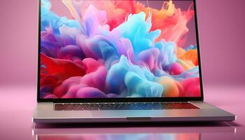 ai gegenereerd abstract laptop ontwerp met levendig kleuren en futuristische technologie gegenereerd door ai foto