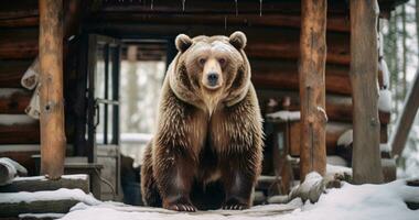 ai gegenereerd een beer staand in een sneeuw gedekt cabine foto