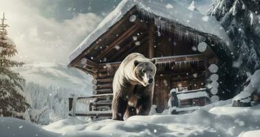 ai gegenereerd een beer staand in een sneeuw gedekt cabine foto